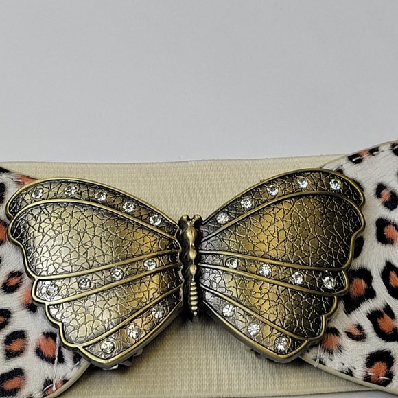 Butterfly Buckle Stretch Belt Animal Print Antique Gold Tone Buckle Brown Cream - Picture 15 of 16